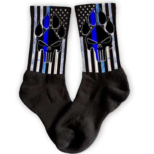 Custom K9 honor flag crew socks with blue thin line and paw print design