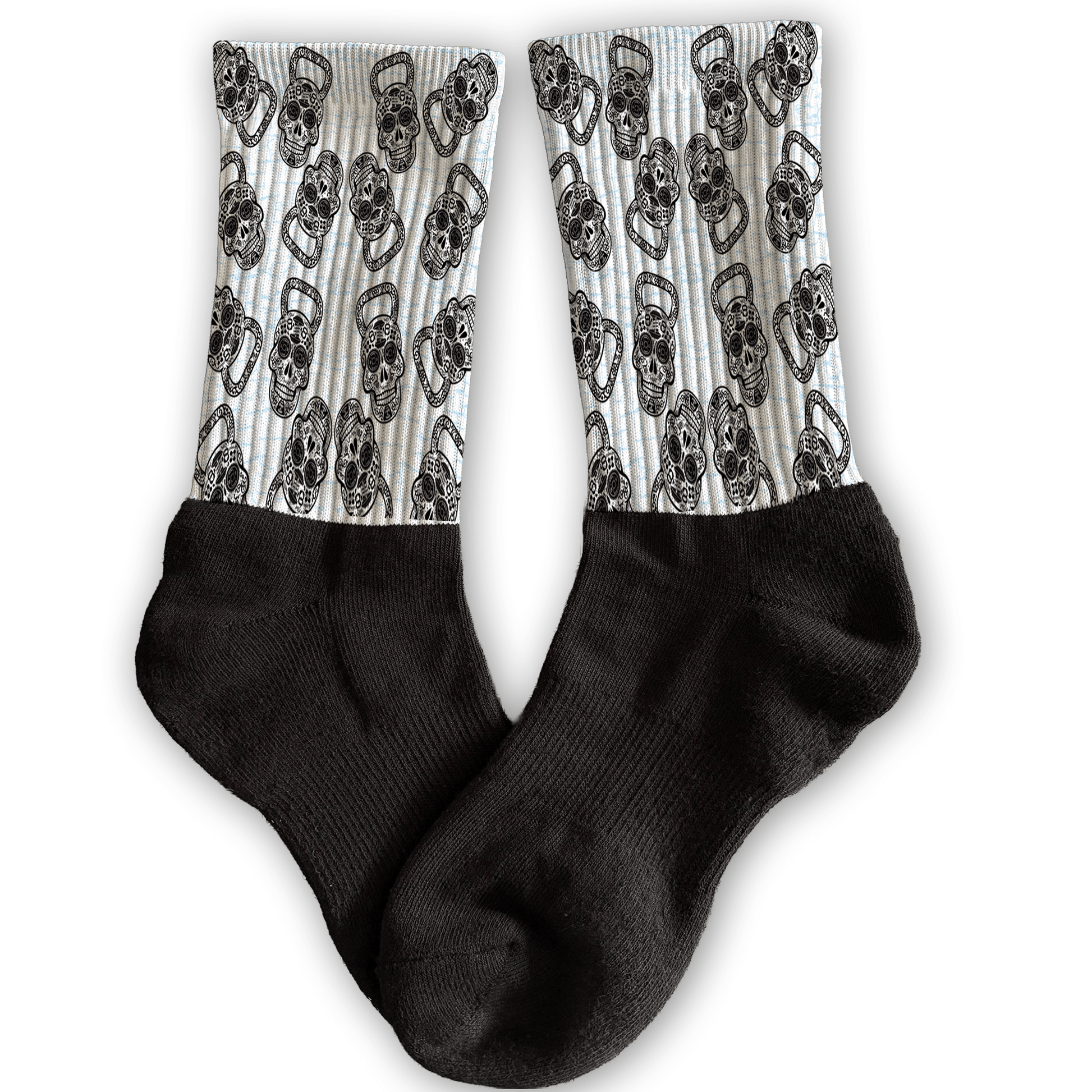Athletic crew socks with kettlebell skull pattern, perfect for gym workouts and fitness gifts.