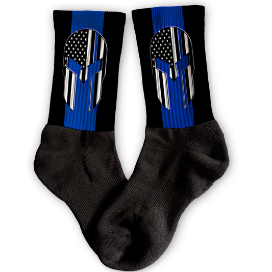 Athletic crew socks with Molon Labe Spartan helmet and thin blue line American flag, custom hero gift.