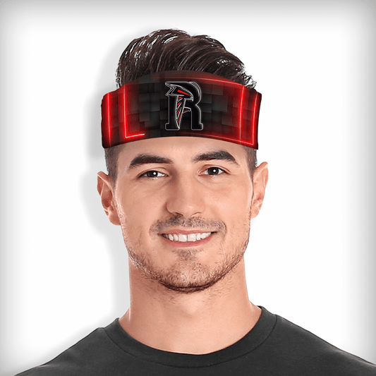 LED-style skull wrap with glowing red outline, black grid texture, and custom mascot. Neon-inspired headband for team athletes.