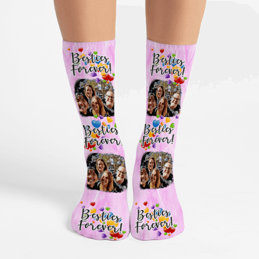 Personalized Best Friend Socks with photo—Besties Forever crew socks with colorful hearts, custom gift for friends.