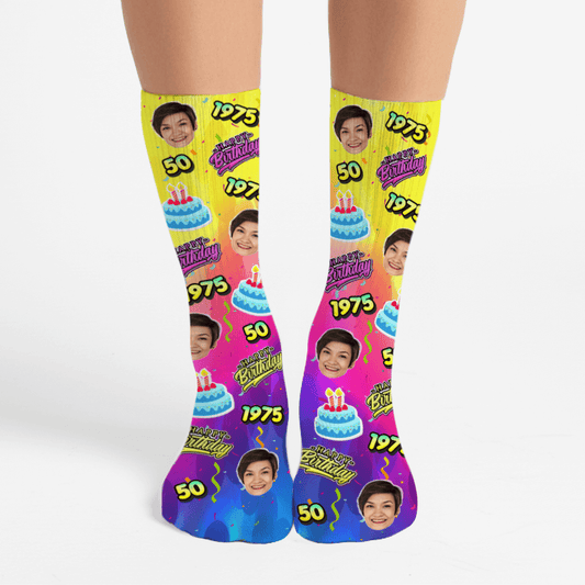 Personalized birthday socks with photo, year, and milestone age—custom face crew socks for 30th, 40th, 50th, or 60th birthday gift.