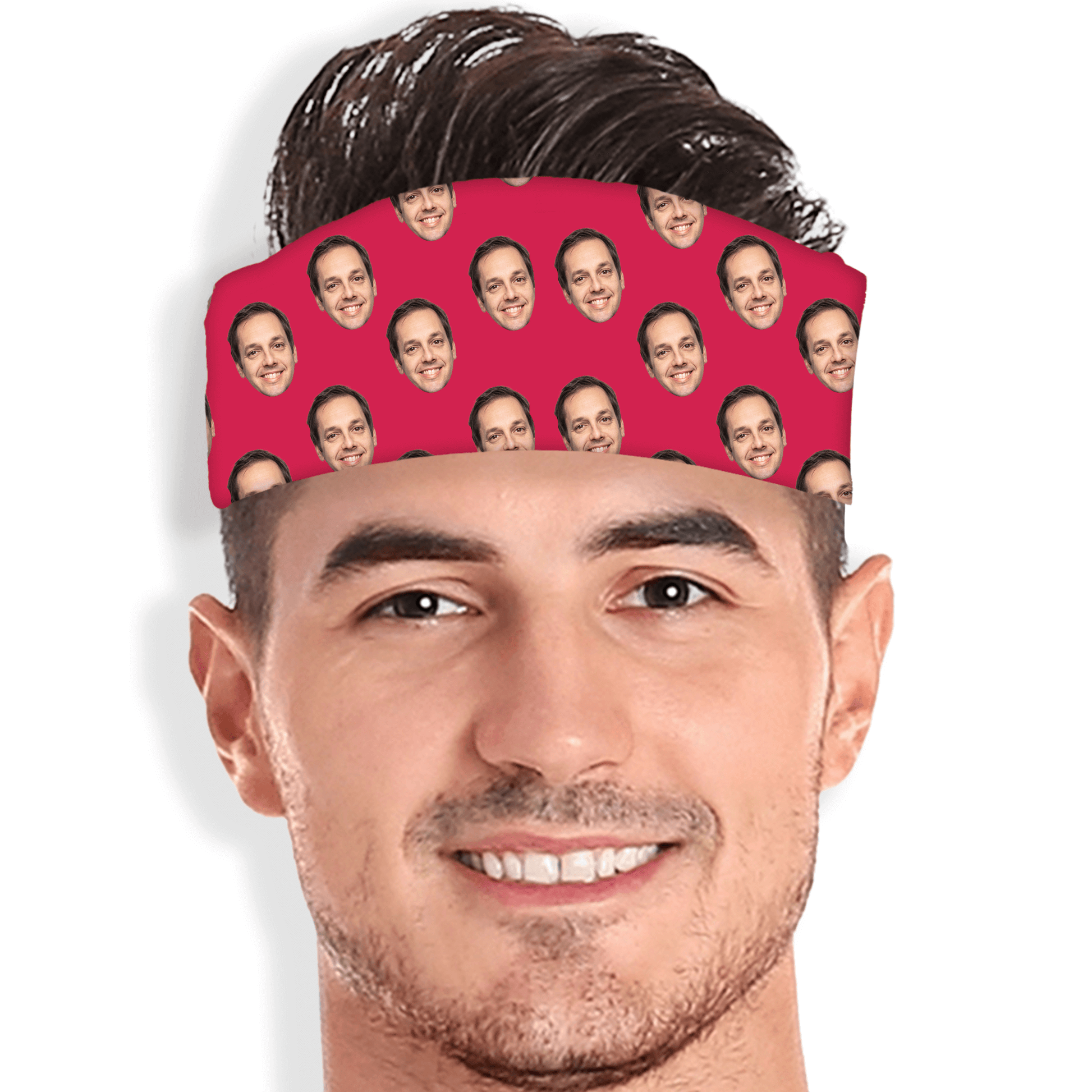 Custom skull wrap with repeating face design on bold color background. Personalized photo headband for sports or gifting