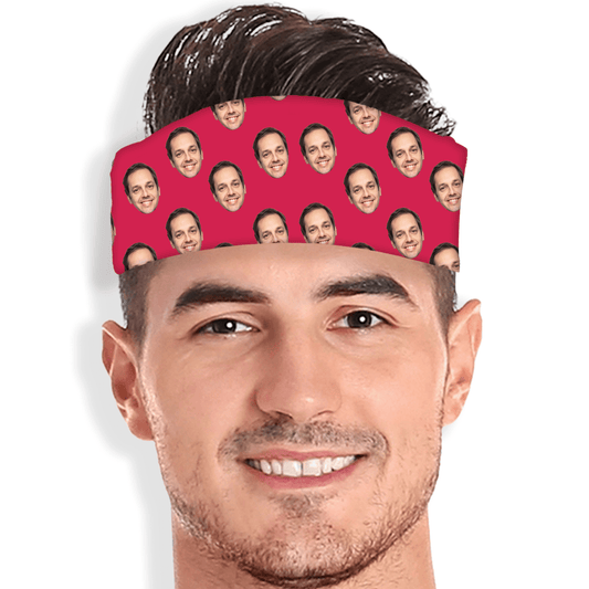 Custom skull wrap with repeating face design on bold color background. Personalized photo headband for sports or gifting