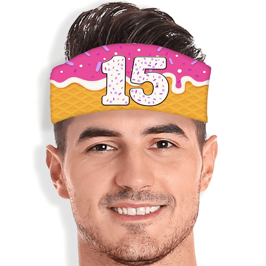 Pink Ice cream skull wrap with sprinkles, waffle cone base, and custom number. Drip-themed headband for youth athletes and fans