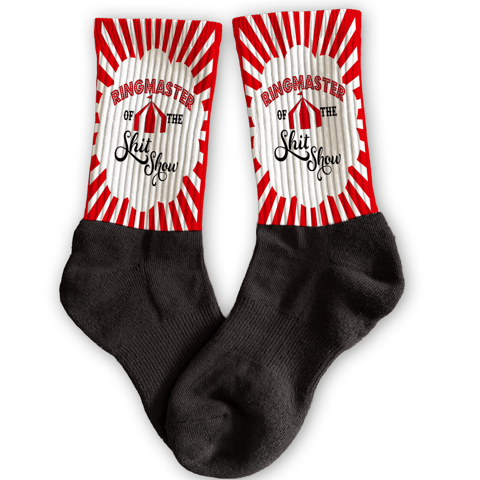 Funny circus crew socks with “Ringmaster of the ShitShow” design, red and white stripes, adult novelty gift.