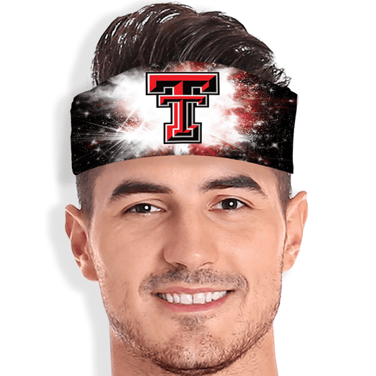 Rockstar skull wrap with explosive graphic, custom team letter, and black-red-white color scheme. Personalized athletic headband.