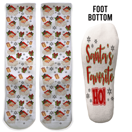 Christmas crew socks with “Santa’s Favorite Ho” phrase. Cheeky, funny gift for Secret Santa or holiday exchanges.