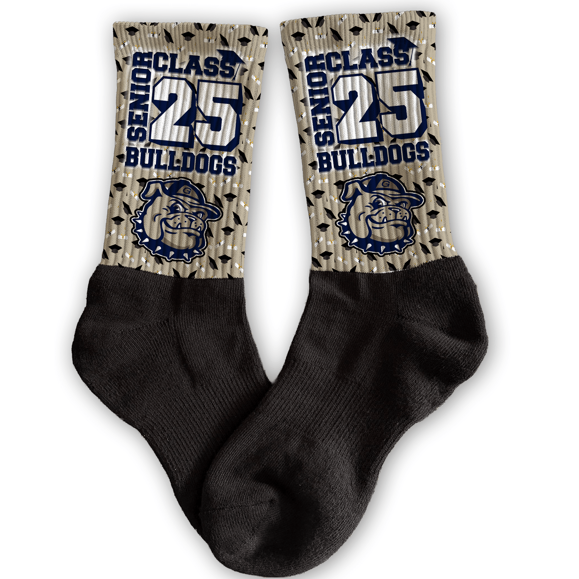 Senior class graduation socks personalized with mascot, class year, and team colors—custom senior gift.