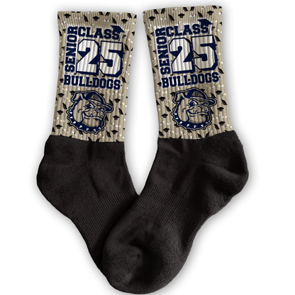 Senior class graduation socks personalized with mascot, class year, and team colors—custom senior gift.