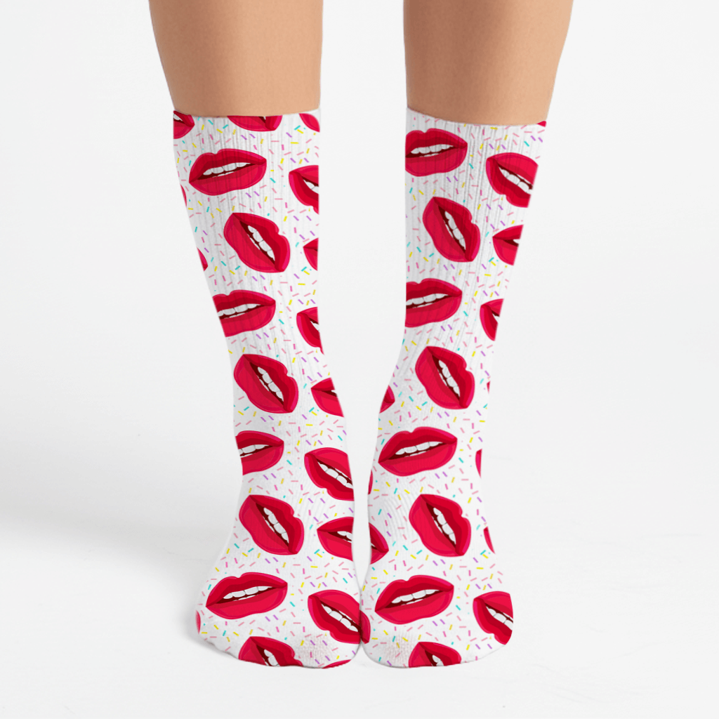 Sexy lips crew socks—red lips pattern, fun romantic gift for boyfriend, husband, or lover.