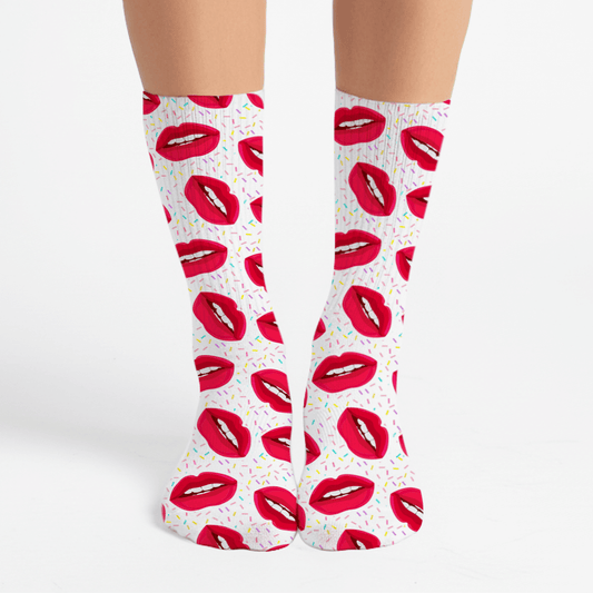 Sexy lips crew socks—red lips pattern, fun romantic gift for boyfriend, husband, or lover.