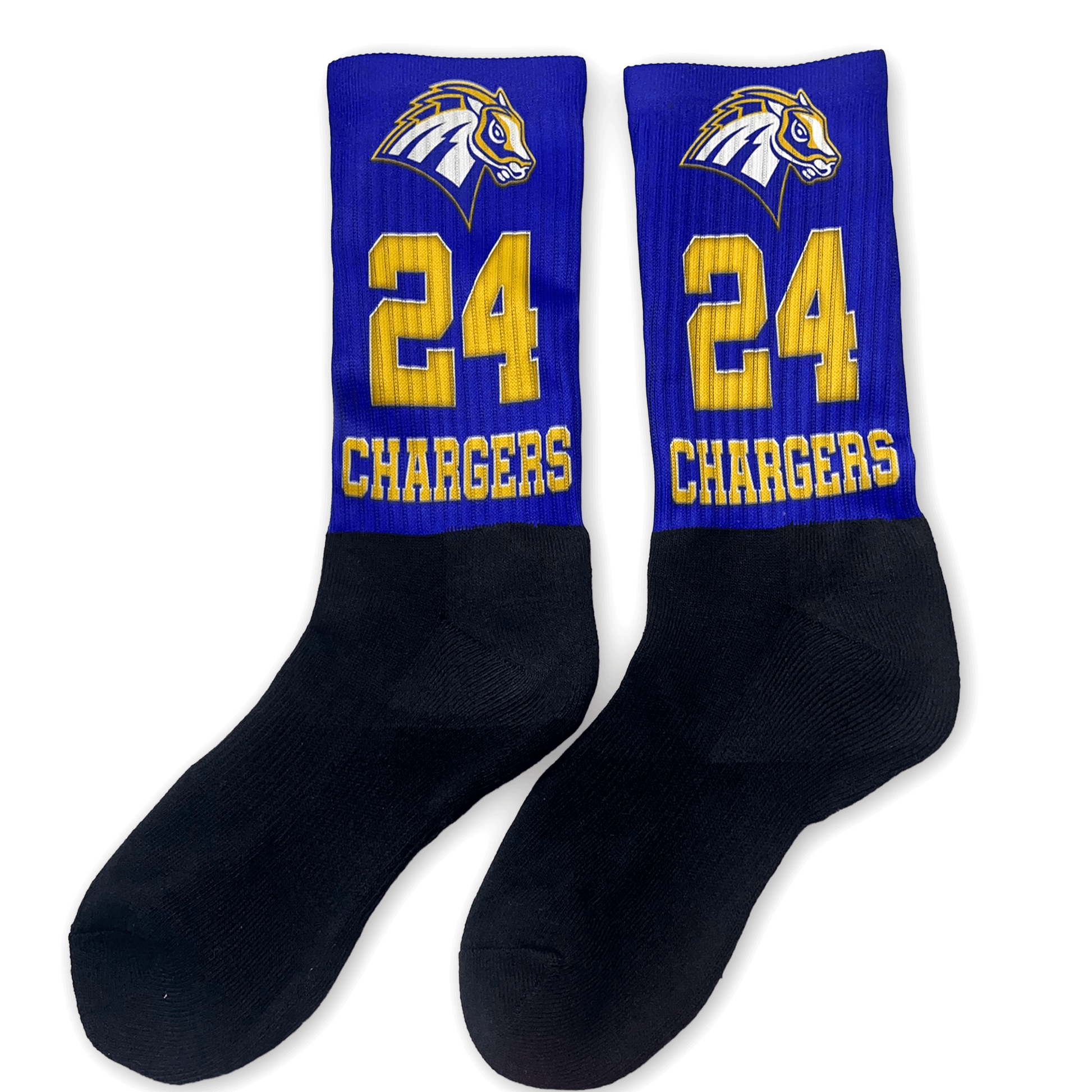 Custom blue and gold crew socks with team mascot/logo, player number, and personalized team name.