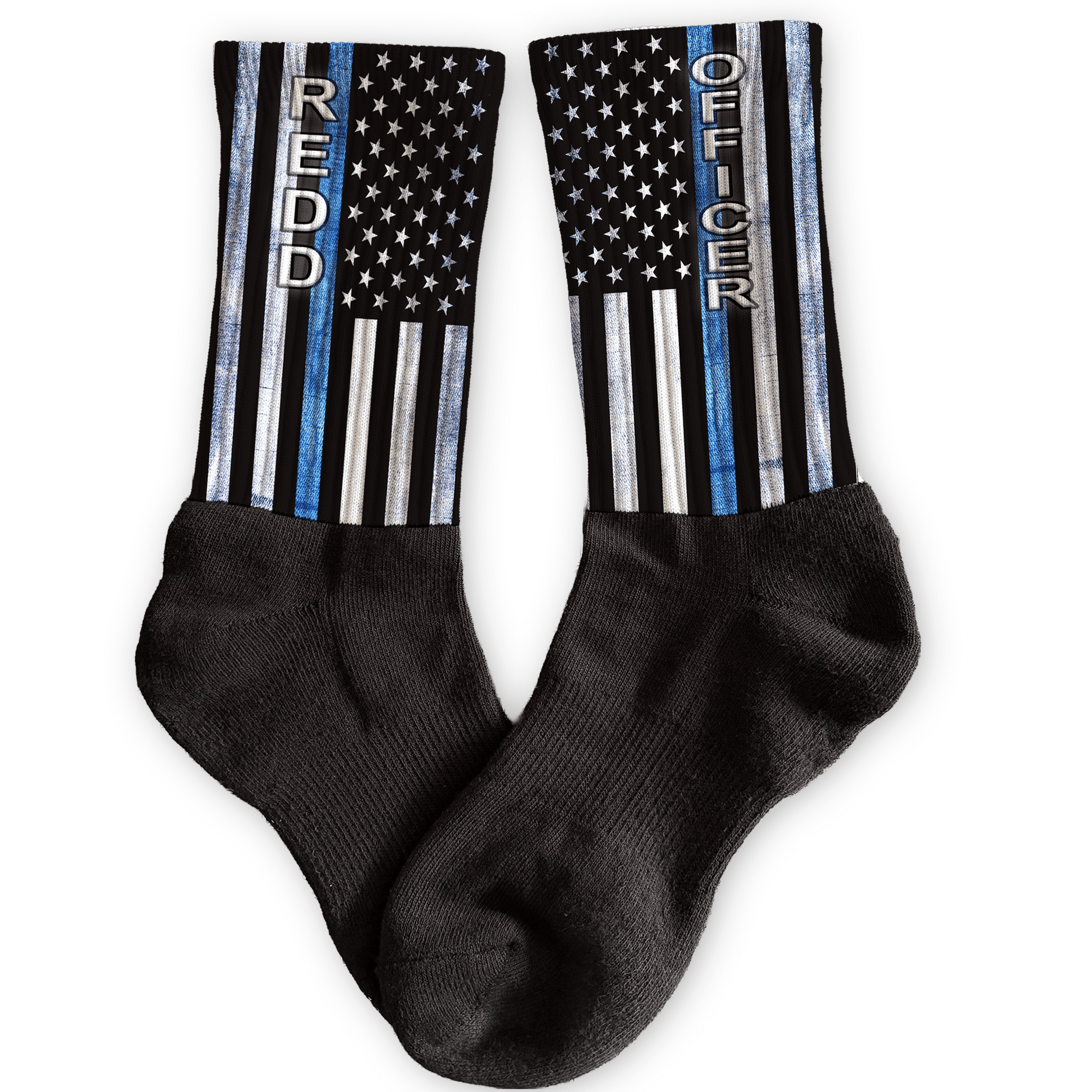 Thin Blue Line crew socks with custom police name and flag design