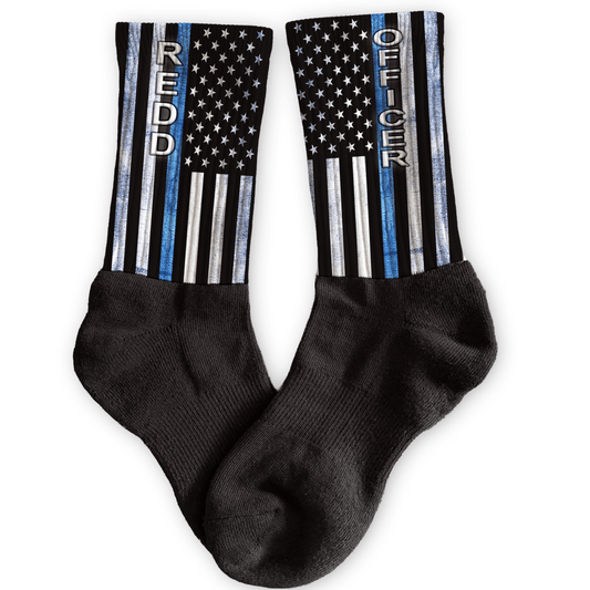 Thin Blue Line crew socks with custom police name and flag design