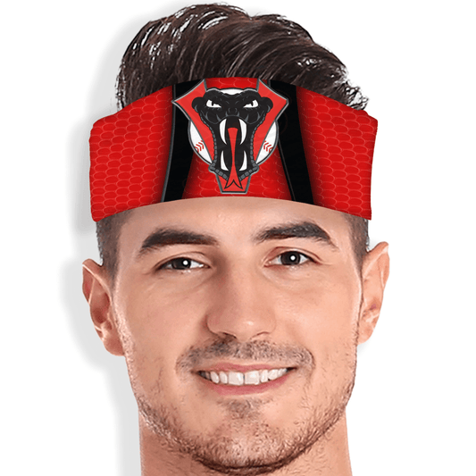 Red snake-texture skull wrap with bold viper mascot. Custom headband with team colors and reptile design.