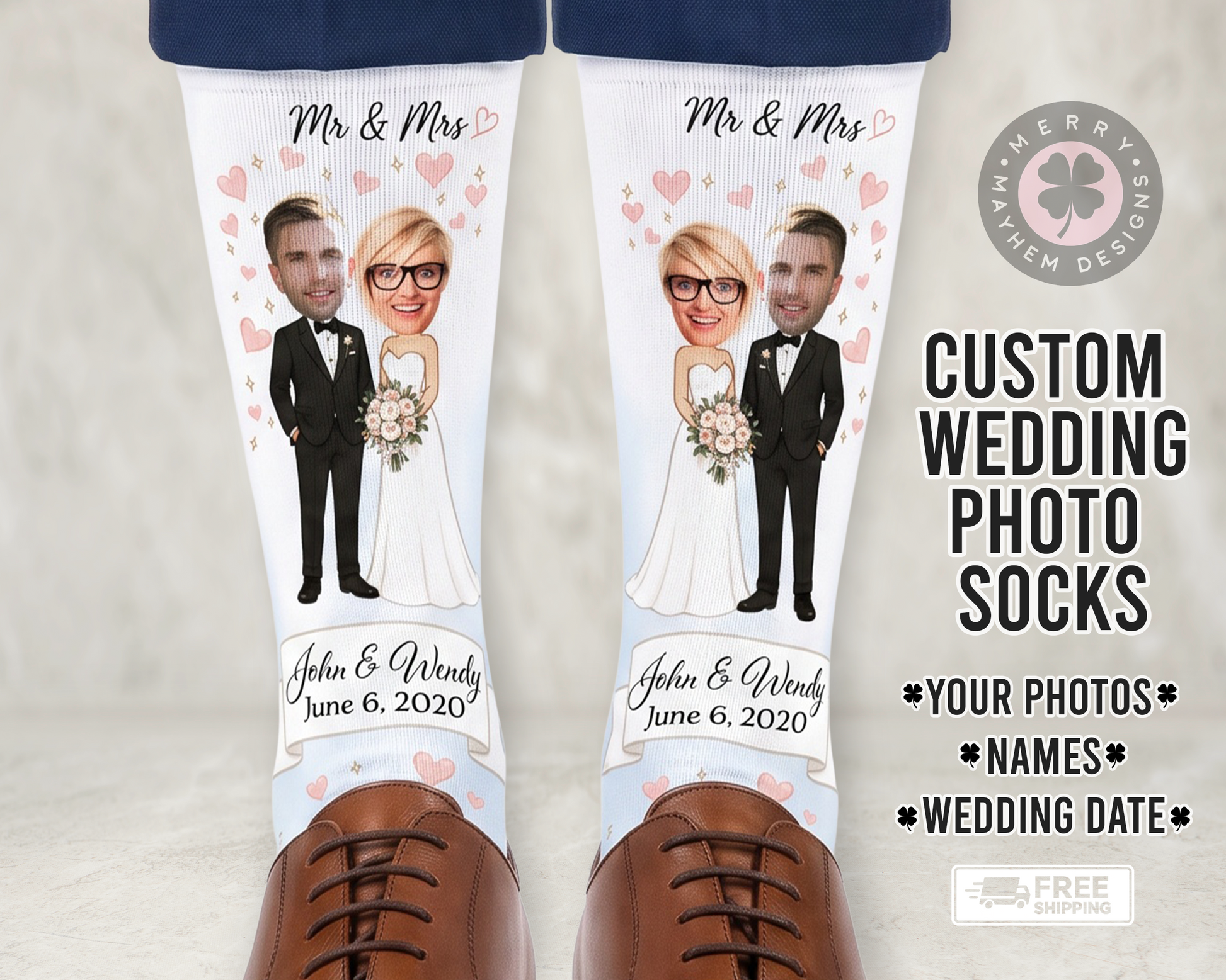 Custom Cartoon Wedding Socks – Personalized Photo Dress Socks for Weddings