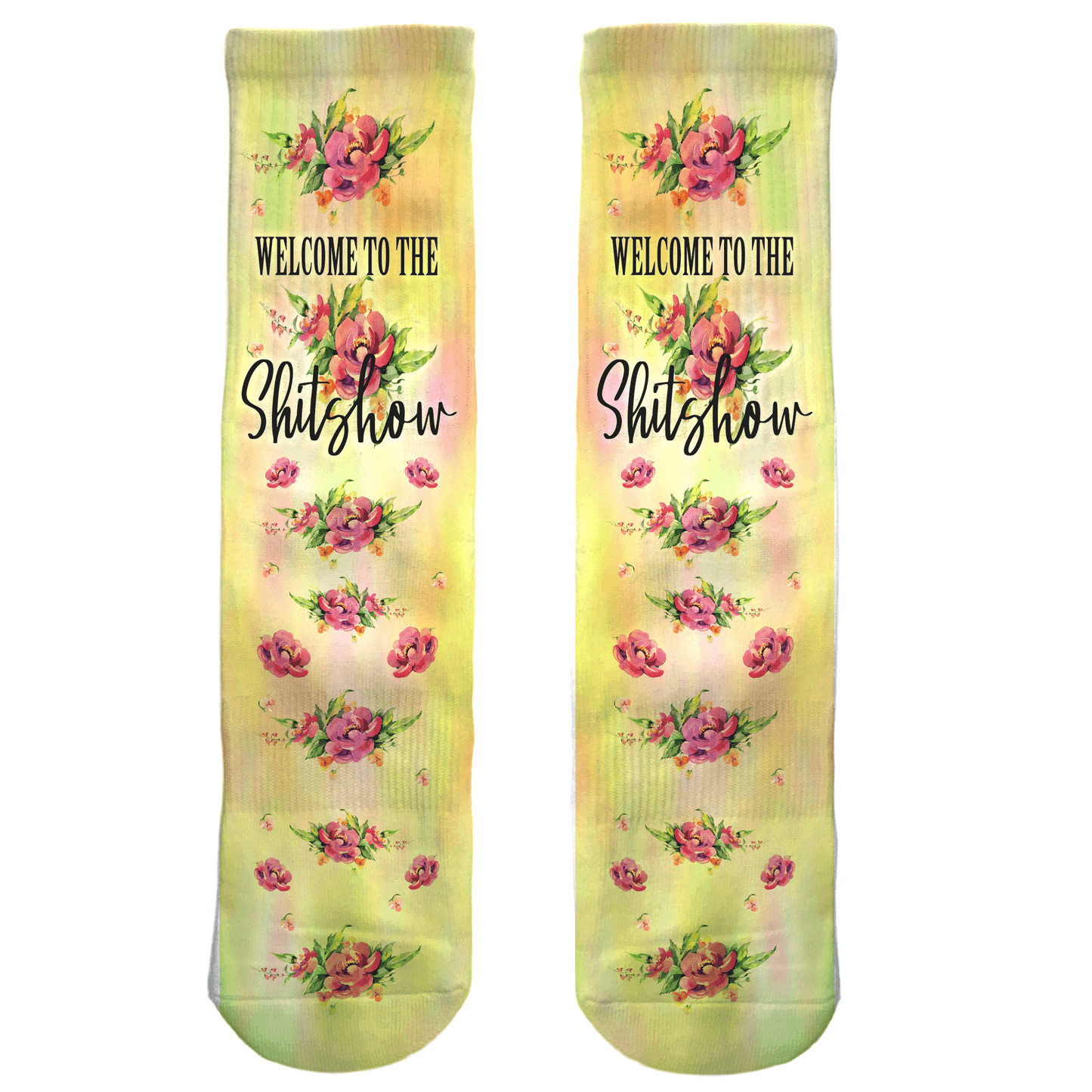 Welcome to the Shitshow floral socks—funny yellow crew socks with pink flowers, sarcastic novelty gift for adults, birthdays, and parties.