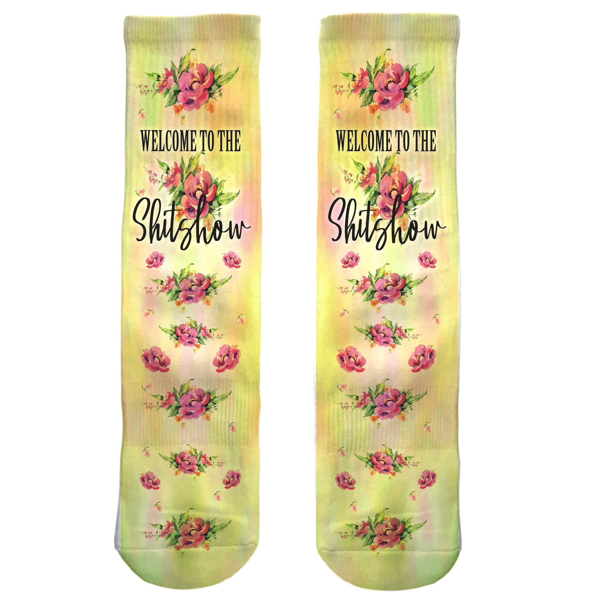 Welcome to the Shitshow floral socks—funny yellow crew socks with pink flowers, sarcastic novelty gift for adults, birthdays, and parties.