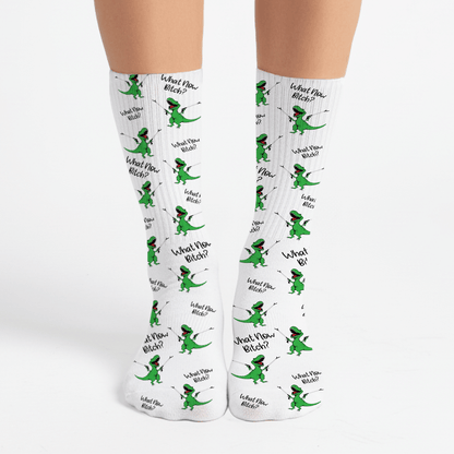 Funny green dinosaur crew socks with “What Now Bitch?” quote. Sassy gift for friends, white elephant, or office exchanges.